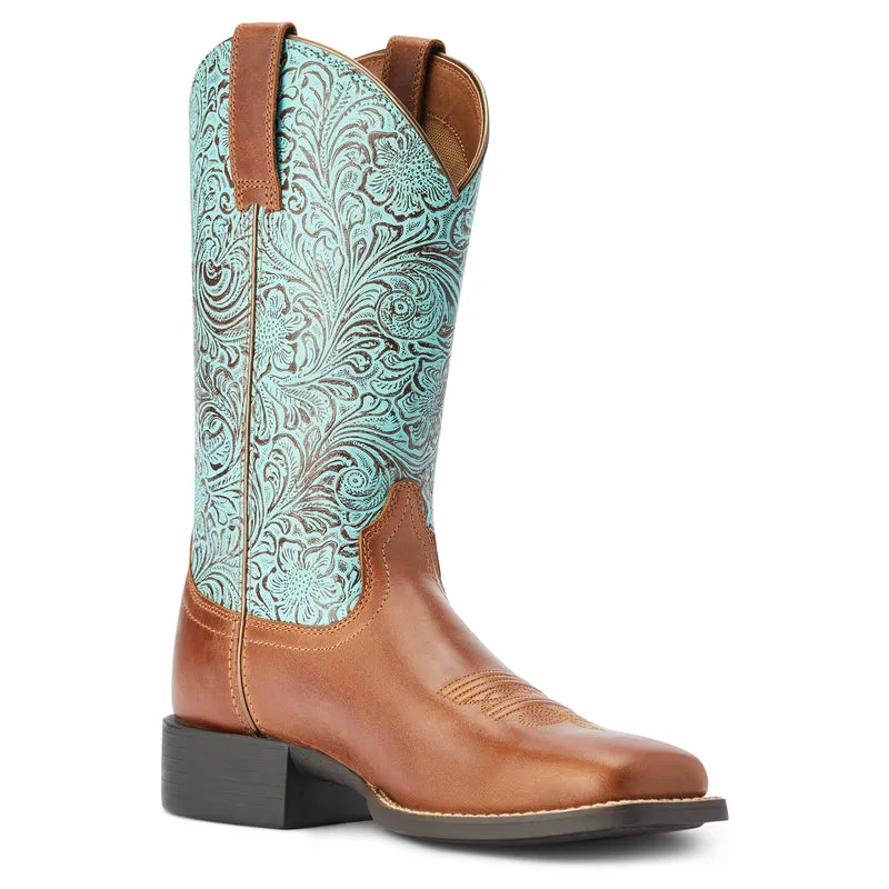 'Ariat' Women's 11" Round Up Western Square Toe - Beduino Brown / Turquoise Floral Emboss